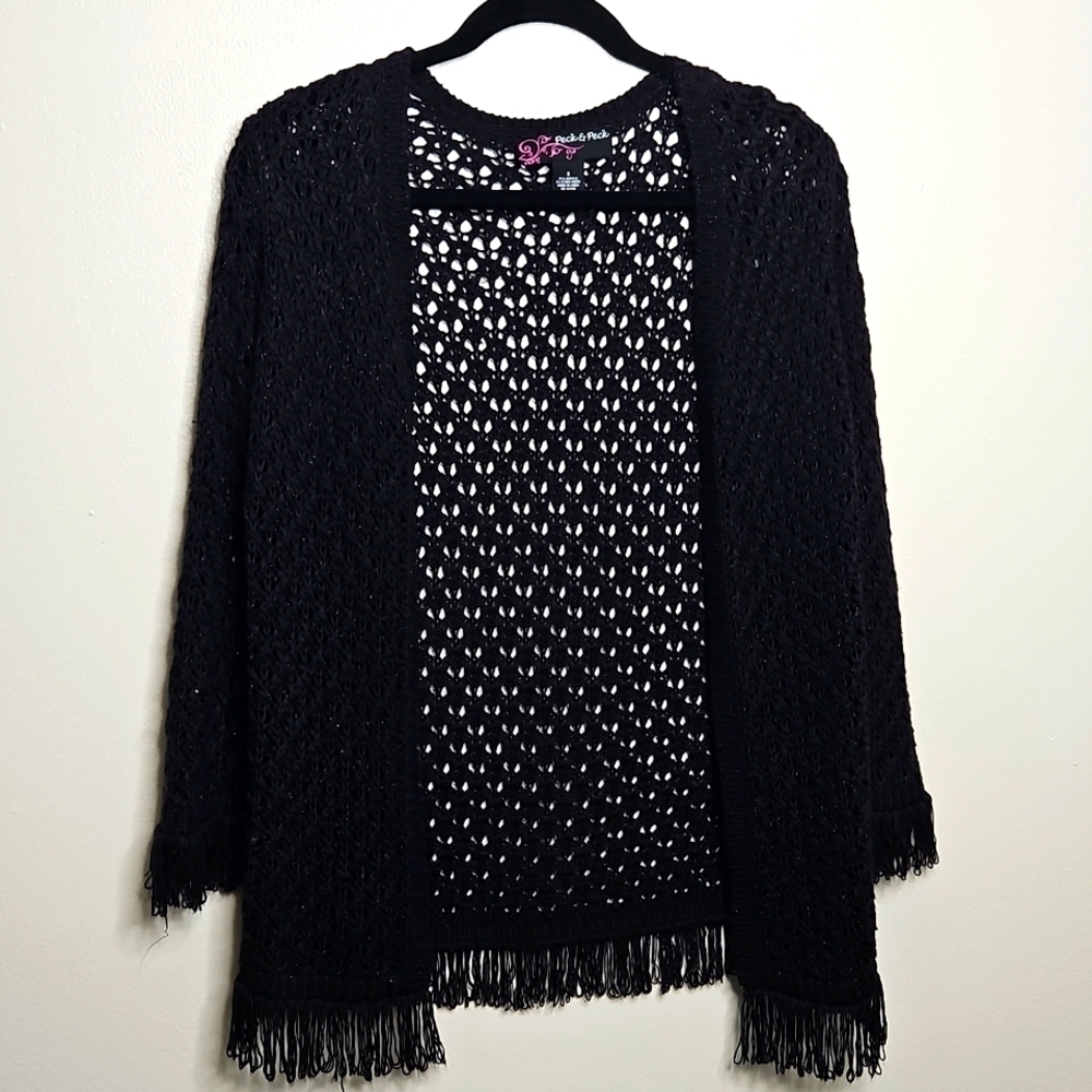 Peck And Peck Black Crochet Fringe Hem Jacket Small Euc